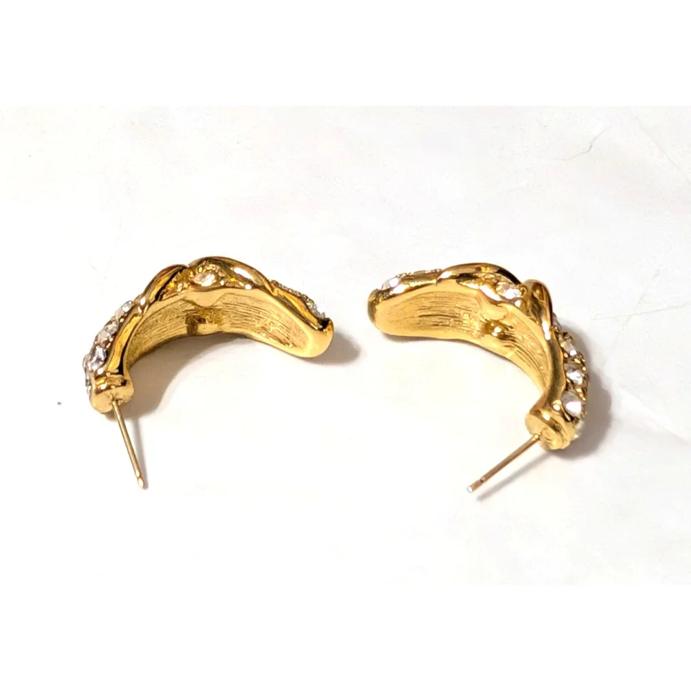 Rhinestone Pierced Earrings Gold-tone Crescents 1